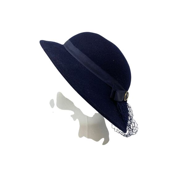 Vintage Navy Blue Doeskin Felt Wool Hat Veil Accent Geo W Bollman Mid Century - Picture 3 of 8